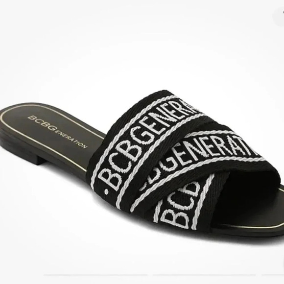 BCBGeneration Shoes - BCBGeneration  KALA Black White Logo Flat Sandals Slides Size 9​